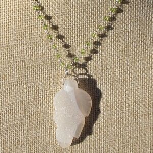 Quartz Druzy Hand carved Leaf Pendant Peridot Necklace